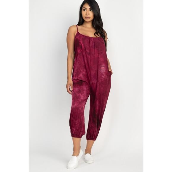 Tie-dye spaghetti strap jumpsuit (Burgundy)-Small - Picture 1 of 2